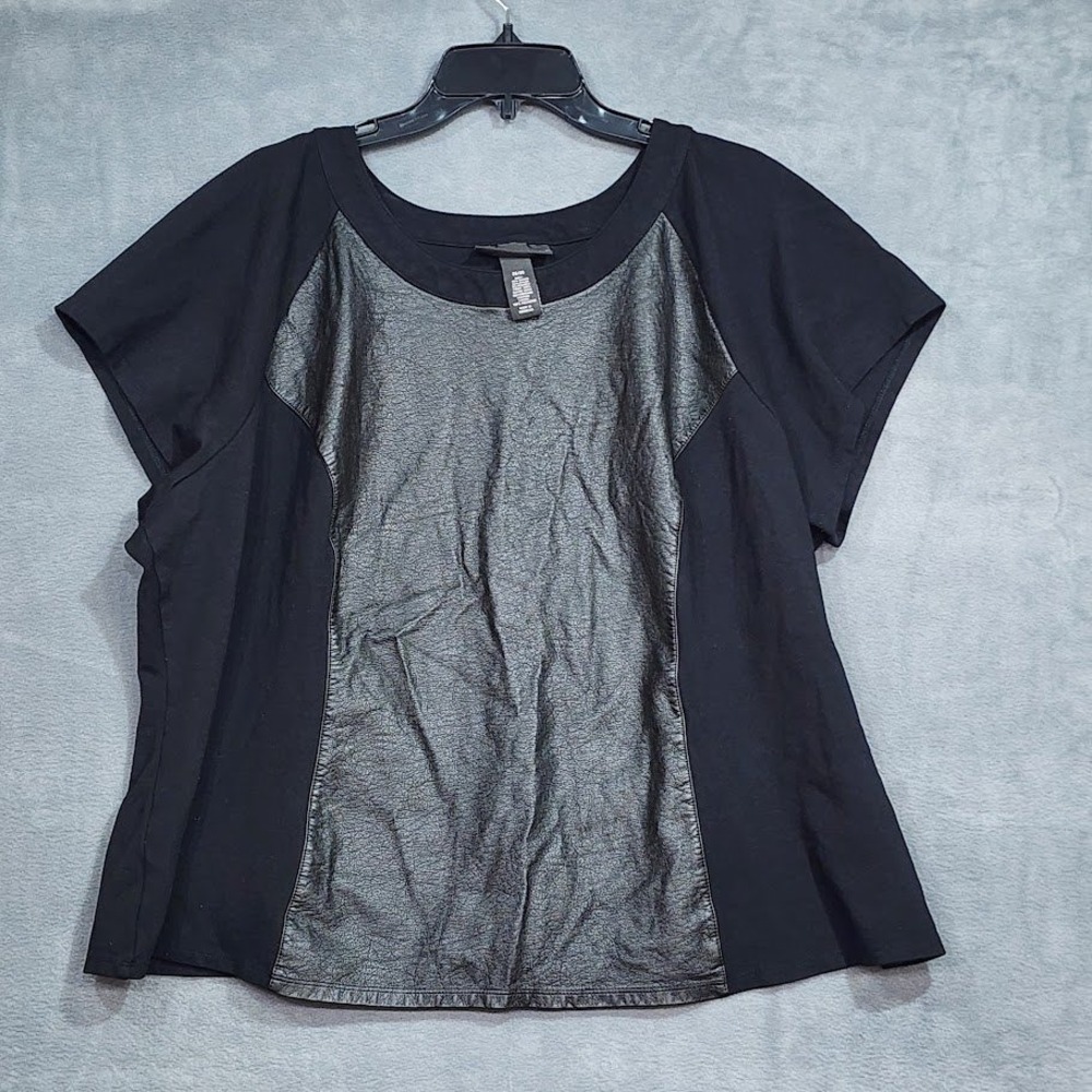 Lane‎ Bryant Women's 26/28 Black Faux Leather Panel Plus Size Top Shirt Blouse